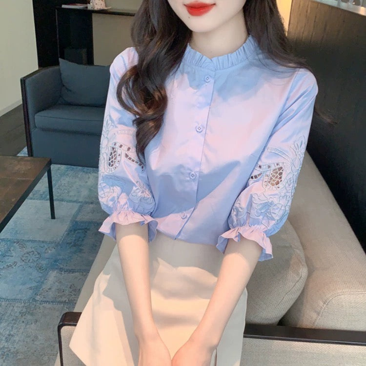 Heavy industry embroidery national style shirt women's summer wear 2024 spring new three-quarter short-sleeved T-shirt popular tops for small people