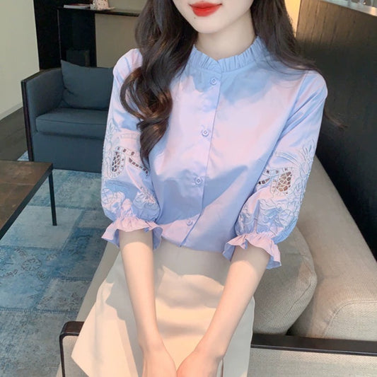 Heavy industry embroidery national style shirt women's summer wear 2024 spring new three-quarter short-sleeved T-shirt popular tops for small people
