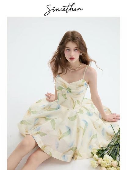 Sincethen French-style floral print slip dress, short skirt, vacation wear, short beach dress, short women's dress
