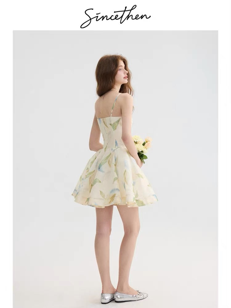 Sincethen French-style floral print slip dress, short skirt, vacation wear, short beach dress, short women's dress