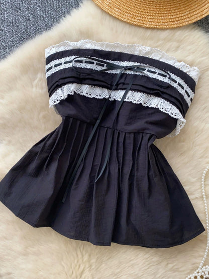 Pure and alluring tank top for women, 2025 summer, court style, niche French lace patchwork, waist-cinching, sleeveless strapless top.