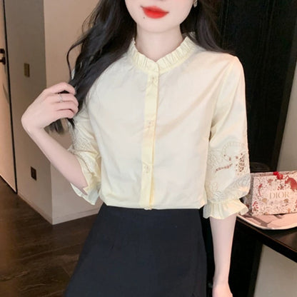 Heavy industry embroidery national style shirt women's summer wear 2024 spring new three-quarter short-sleeved T-shirt popular tops for small people