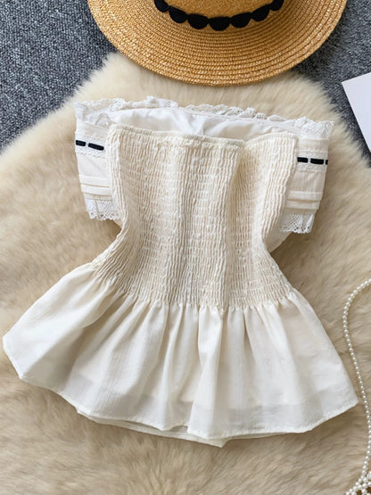 Pure and alluring tank top for women, 2025 summer, court style, niche French lace patchwork, waist-cinching, sleeveless strapless top.