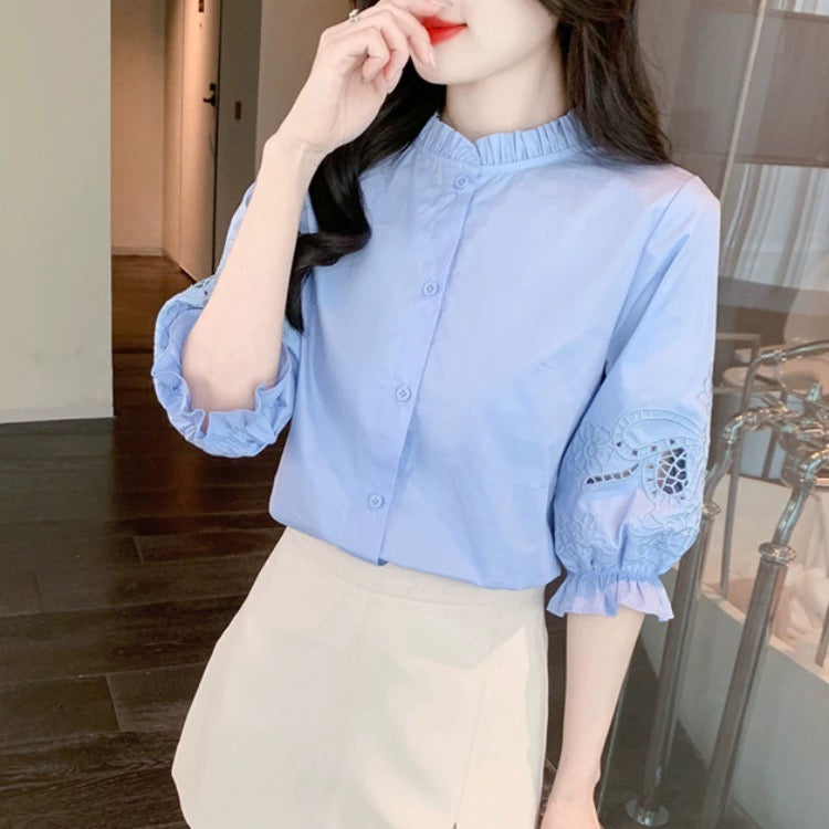 Heavy industry embroidery national style shirt women's summer wear 2024 spring new three-quarter short-sleeved T-shirt popular tops for small people
