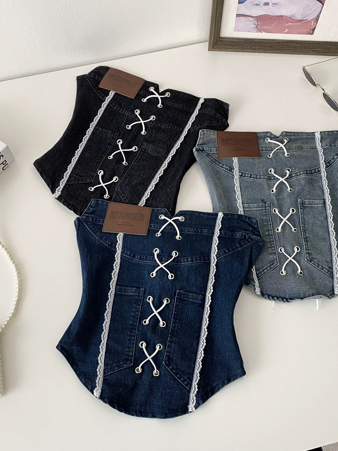 American retro sexy lace patchwork denim tube top for women, summer pure and sexy strappy waist slimming sleeveless vest