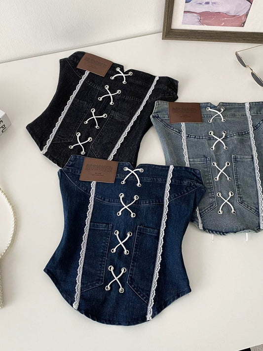 American retro sexy lace patchwork denim tube top for women, summer pure and sexy strappy waist slimming sleeveless vest