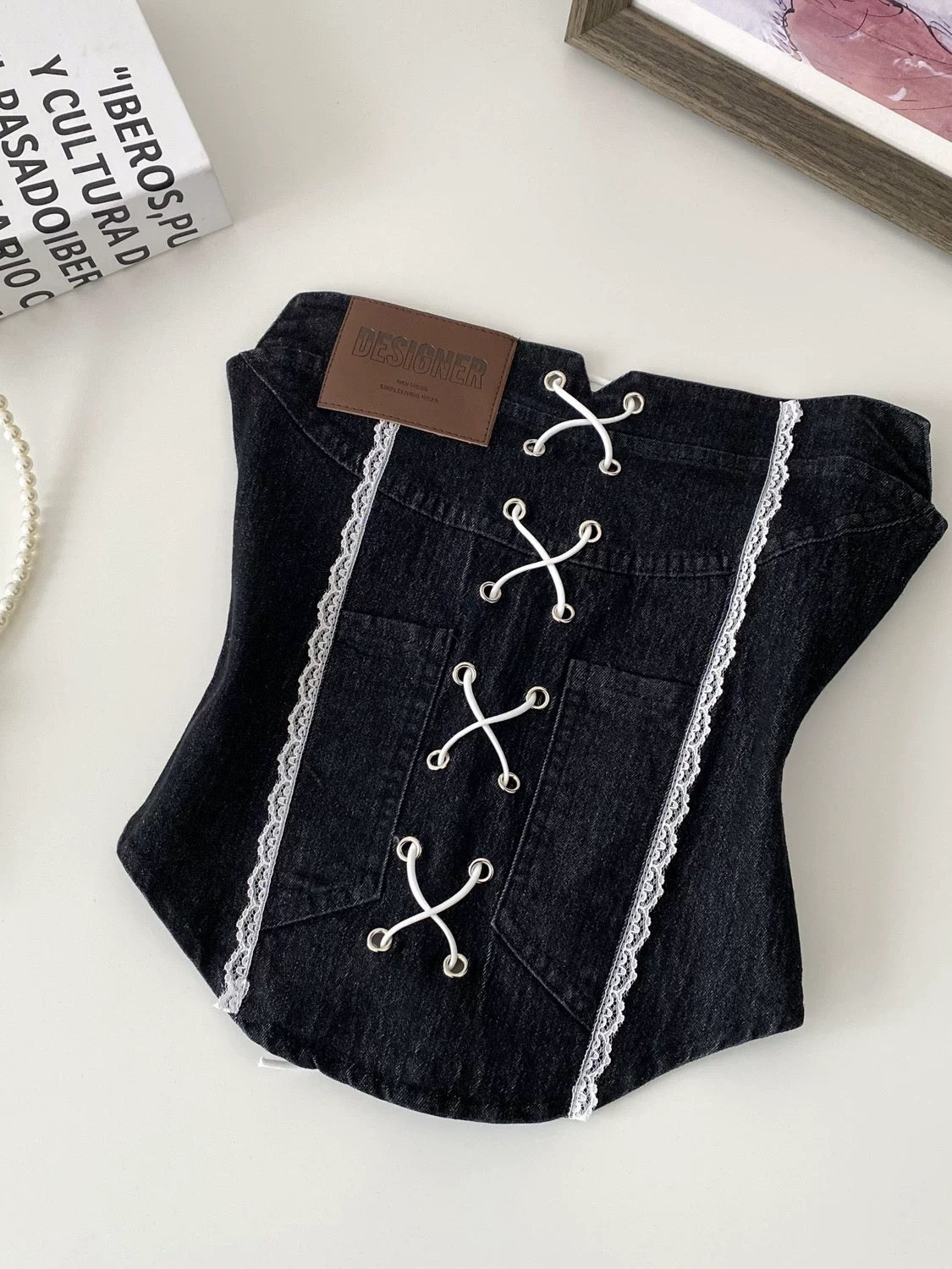 American retro sexy lace patchwork denim tube top for women, summer pure and sexy strappy waist slimming sleeveless vest