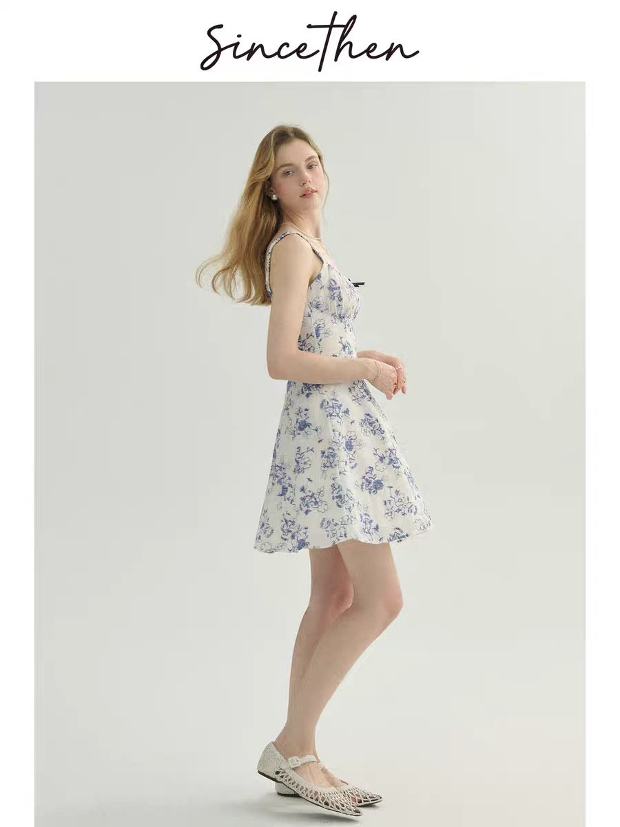 Sincethen French floral print dress, petite short dress, fairy dress, stylish short skirt for women, summer.