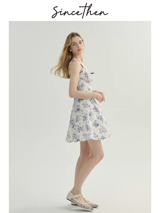 Sincethen French floral print dress, petite short dress, fairy dress, stylish short skirt for women, summer.