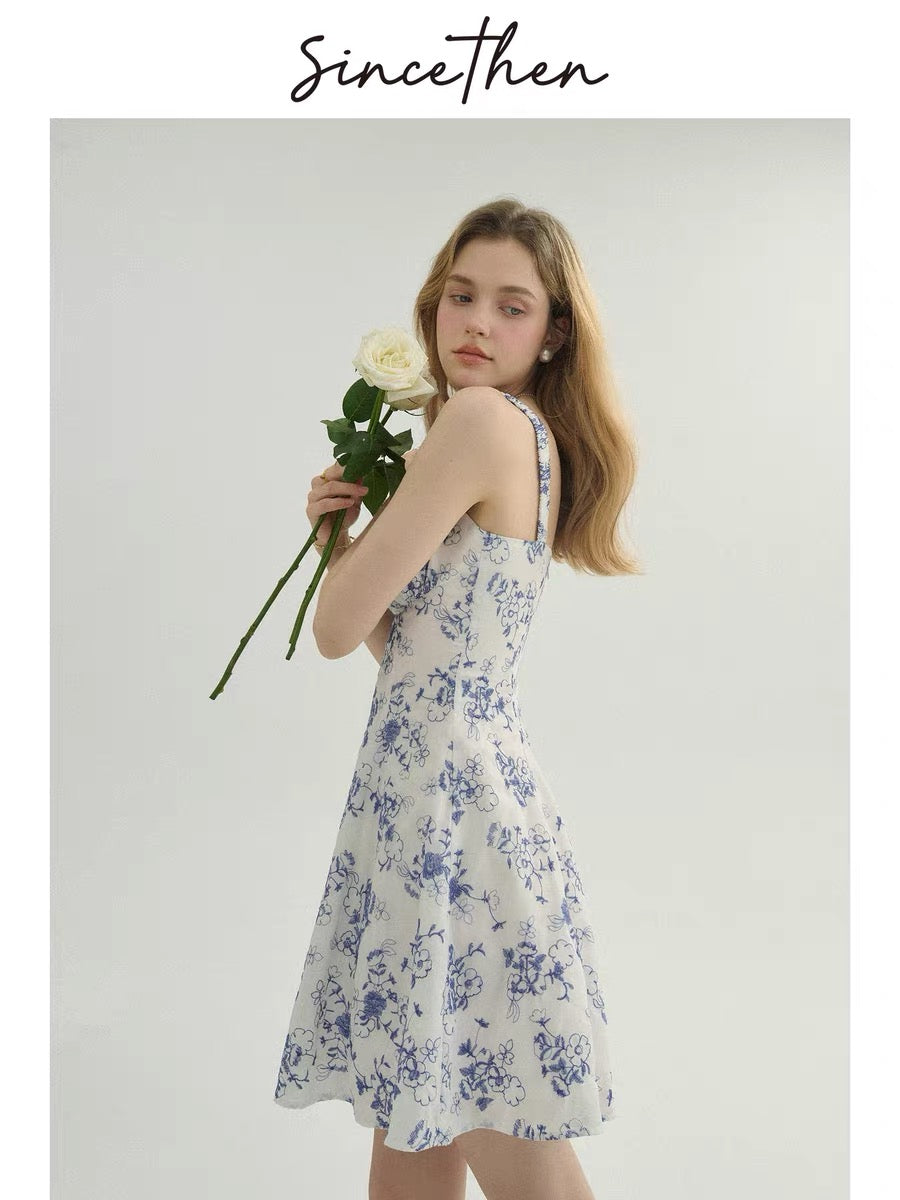 Sincethen French floral print dress, petite short dress, fairy dress, stylish short skirt for women, summer.
