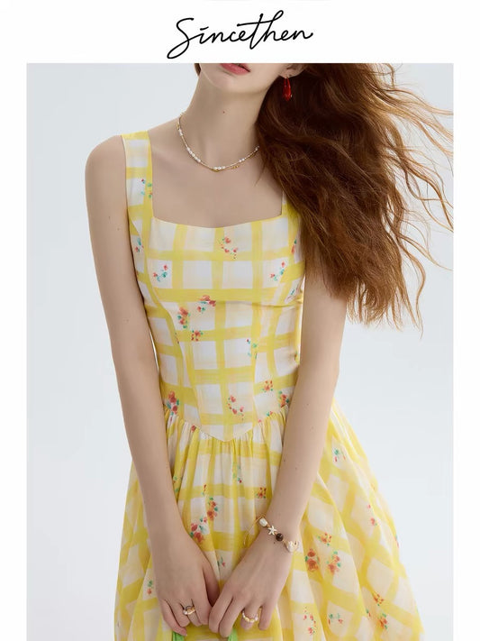 Sincethen yellow dress, French style short slip dress, vacation outfit, short skirt, petite skirt, women's summer.