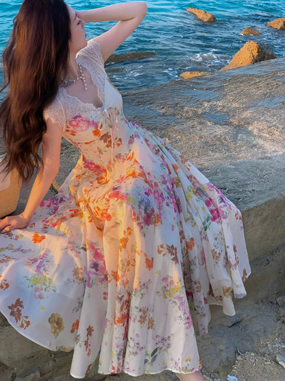 Good Job! 【Summer Escape Princess】French V-neck Floral Dress for Women, Beach Vacation Fitted Waist Maxi Dress