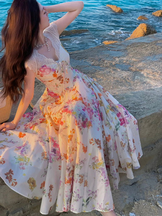 Good Job! 【Summer Escape Princess】French V-neck Floral Dress for Women, Beach Vacation Fitted Waist Maxi Dress