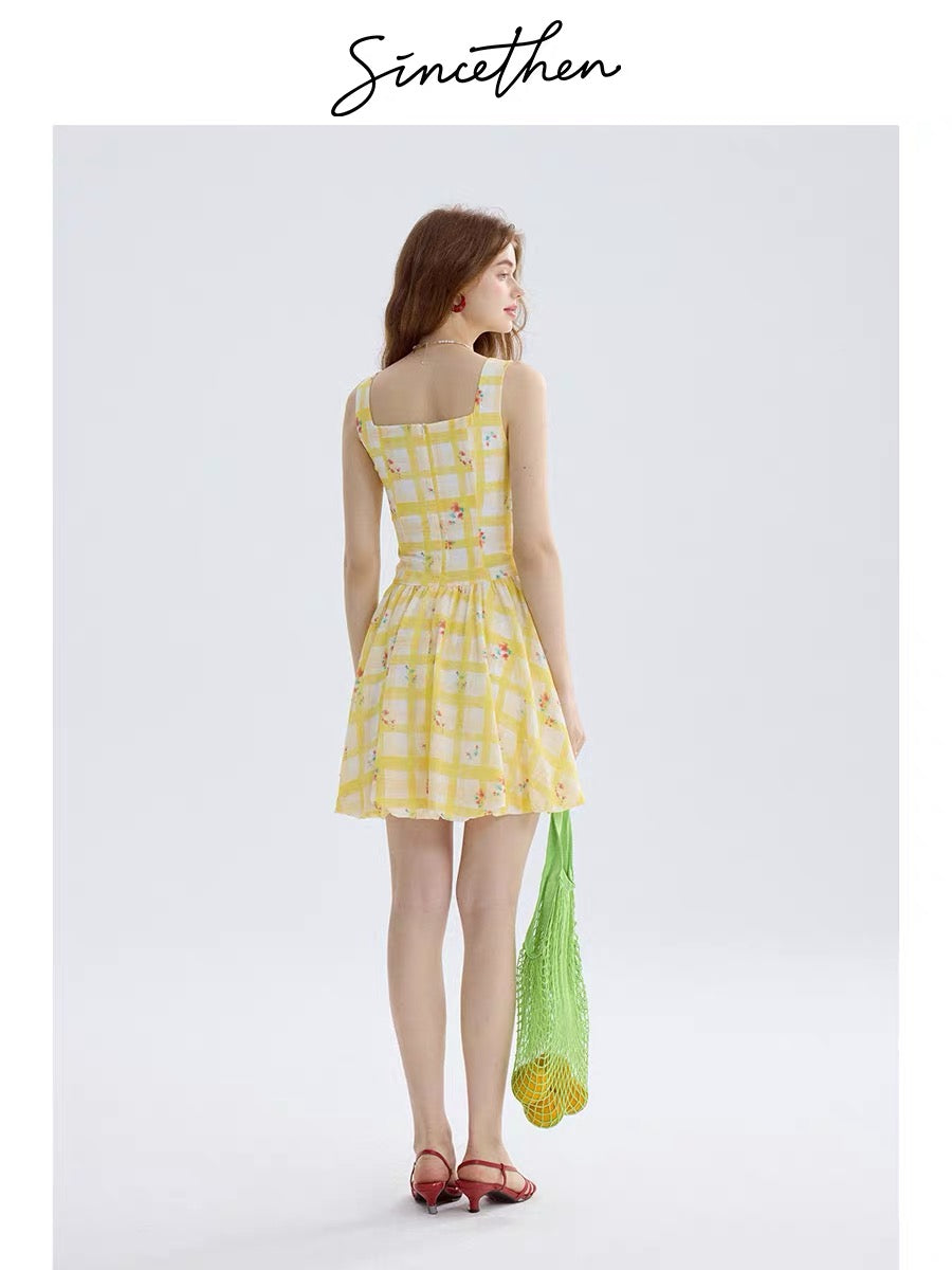 Sincethen yellow dress, French style short slip dress, vacation outfit, short skirt, petite skirt, women's summer.