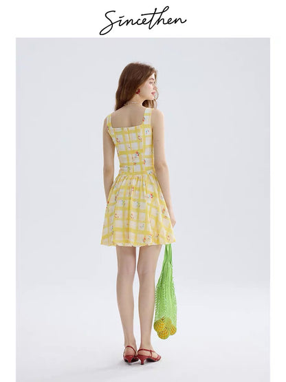 Sincethen yellow dress, French style short slip dress, vacation outfit, short skirt, petite skirt, women's summer.
