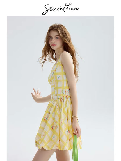 Sincethen yellow dress, French style short slip dress, vacation outfit, short skirt, petite skirt, women's summer.