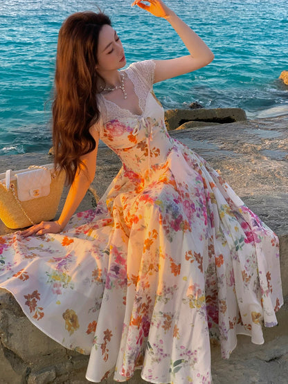 Good Job! 【Summer Escape Princess】French V-neck Floral Dress for Women, Beach Vacation Fitted Waist Maxi Dress