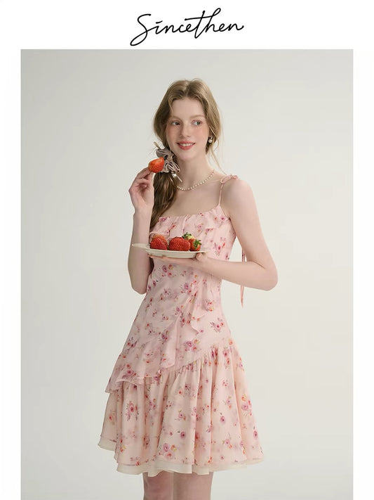Sincethen French-style short slip dress, summer floral print dress, pink mini skirt for women, summer.