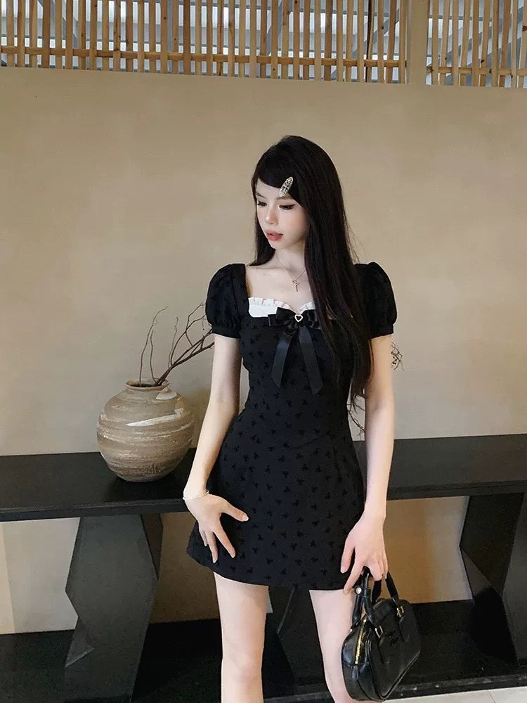French pure desire bow stitching black dress women's waist temperament design high-grade a-line short skirt summer