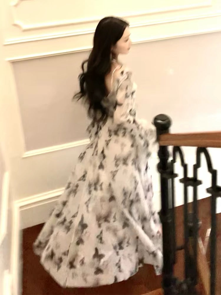 Good Job! 【Ink Painting Butterfly】French-style shimmering butterfly dress, summer high-end bias-cut elegant long dress.