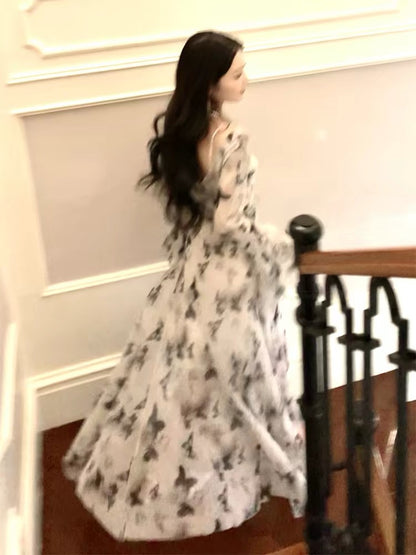 Good Job! 【Ink Painting Butterfly】French-style shimmering butterfly dress, summer high-end bias-cut elegant long dress.