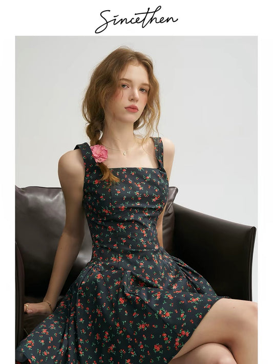 Sincethen French retro floral print sundress, sleeveless short skirt, petite women's summer dress
