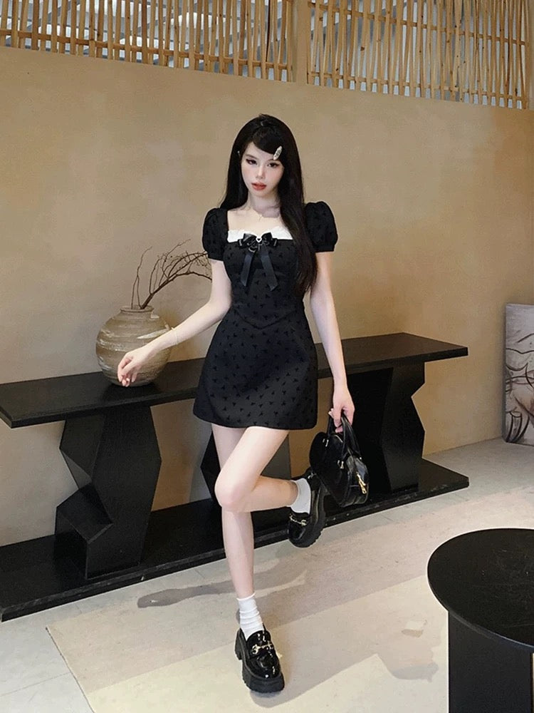 French pure desire bow stitching black dress women's waist temperament design high-grade a-line short skirt summer