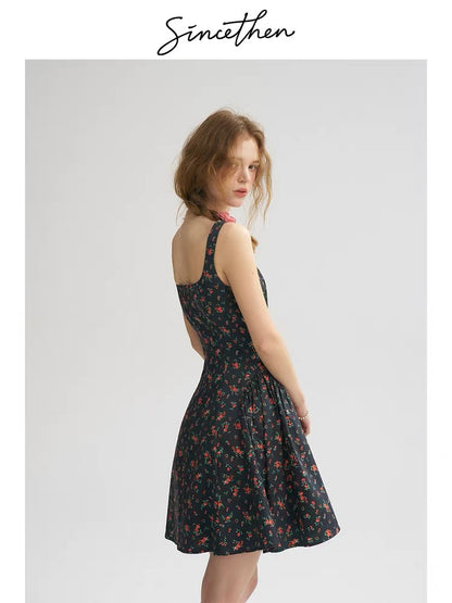Sincethen French retro floral print sundress, sleeveless short skirt, petite women's summer dress