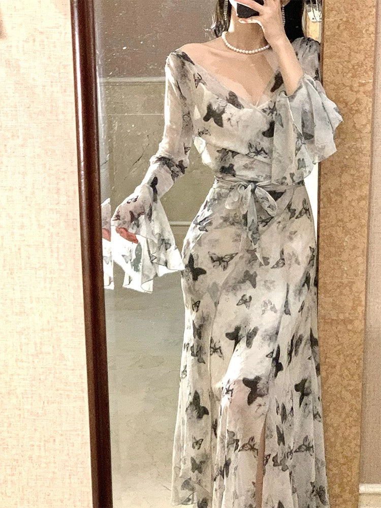 Good Job! 【Ink Painting Butterfly】French-style shimmering butterfly dress, summer high-end bias-cut elegant long dress.