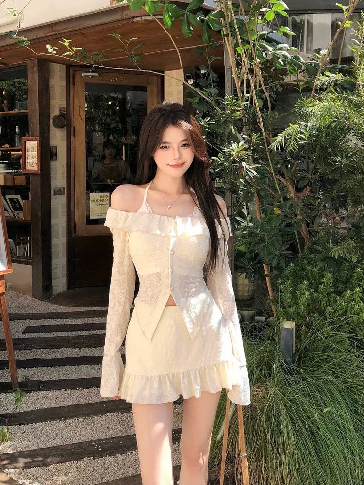 French pure desire hot girl lace cardigan top camisole mini skirt female designer dress set