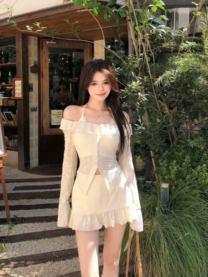 French pure desire hot girl lace cardigan top camisole mini skirt female designer dress set