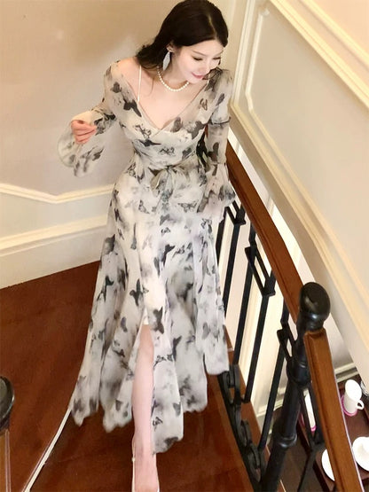 Good Job! 【Ink Painting Butterfly】French-style shimmering butterfly dress, summer high-end bias-cut elegant long dress.