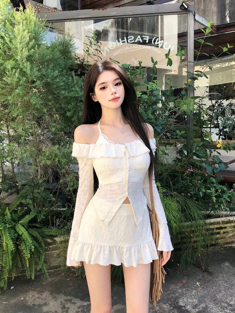 French pure desire hot girl lace cardigan top camisole mini skirt female designer dress set