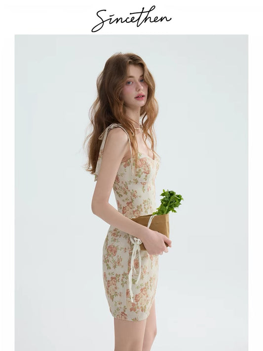 Sincethen French floral print sundress short dress vacation outfit short skirt petite women's summer dress