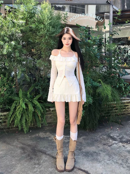French pure desire hot girl lace cardigan top camisole mini skirt female designer dress set