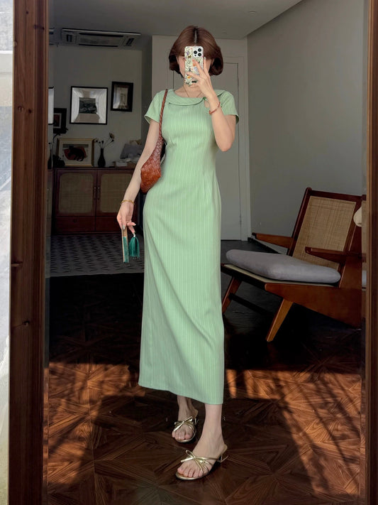 Lei Yingjun-Love Lotus-Summer New Chinese Asymmetrical Doll Collar Striped Contrast Color Elegant Cheongsam-JF6332