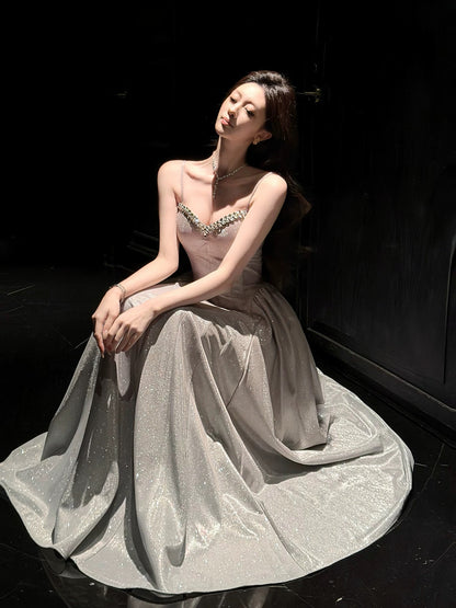 Good Job! 【Starry Night】French Style Diamond-Studded Spaghetti Strap Dress, Sparkling Spring Evening Gown