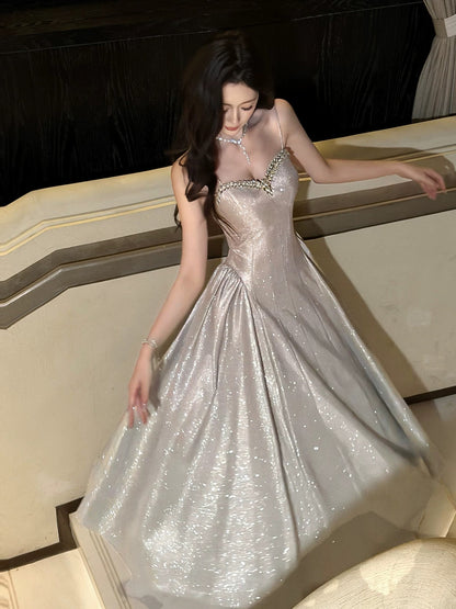 Good Job! 【Starry Night】French Style Diamond-Studded Spaghetti Strap Dress, Sparkling Spring Evening Gown