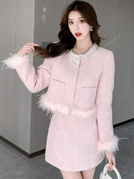 Pink small fragrant jacket women's short down suit autumn and winter petite skirt rich family's light luxury and high-end sense