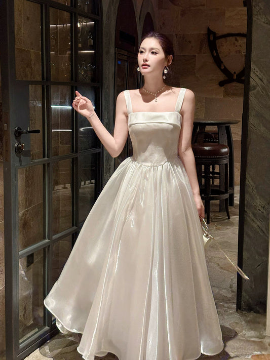 Good Job: 【Jasmine Under the Twilight】French Satin White Spaghetti Strap Full Skirt Dress for Women's Daywear