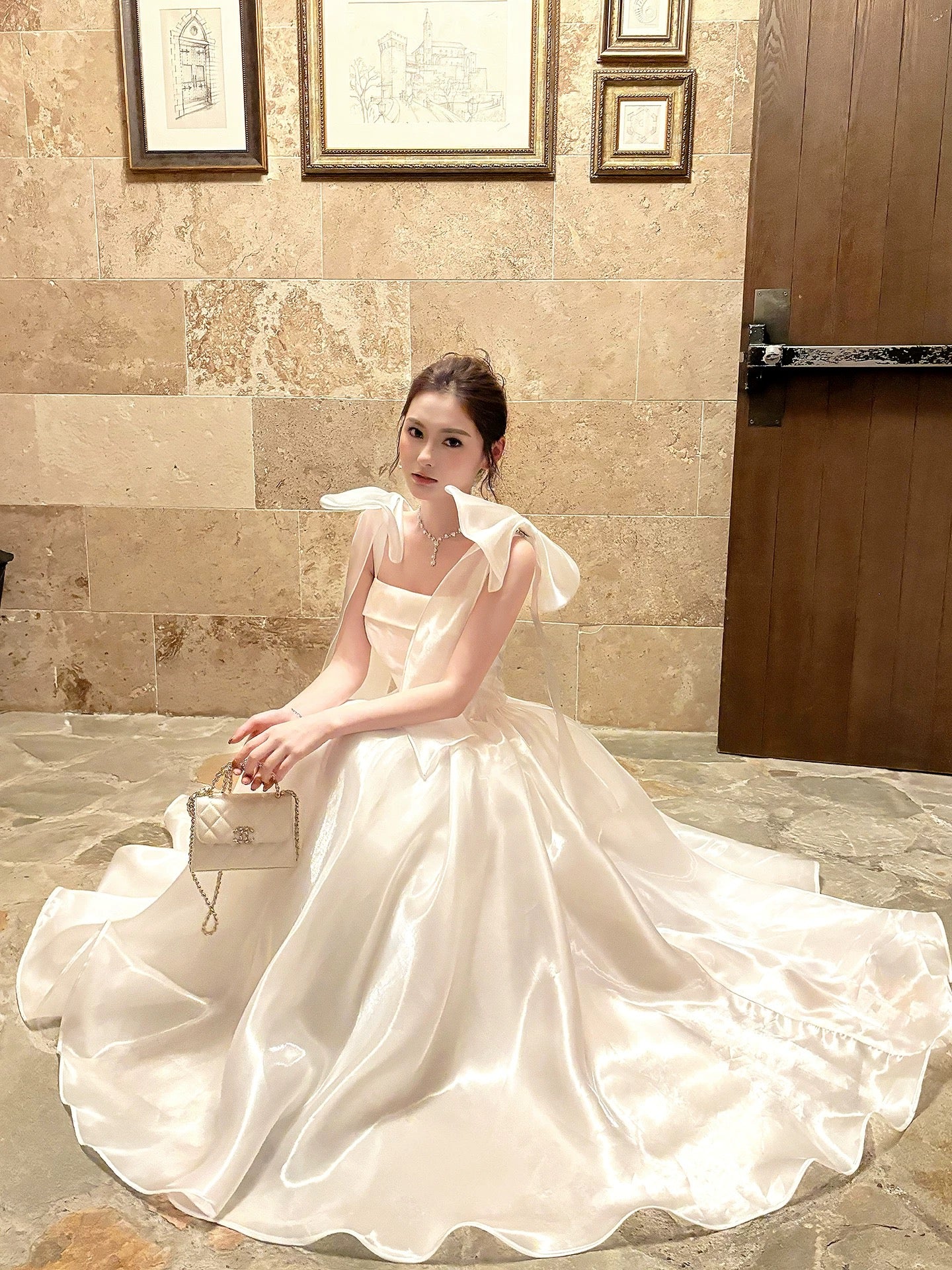 Good Job: 【Jasmine Under the Twilight】French Satin White Spaghetti Strap Full Skirt Dress for Women's Daywear