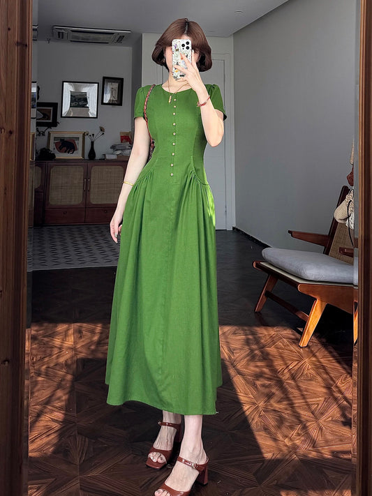 Lei Yingjun-The Voice of Summer-Summer French Linen Waisted High-end Temperament A-line Dress-JF6254
