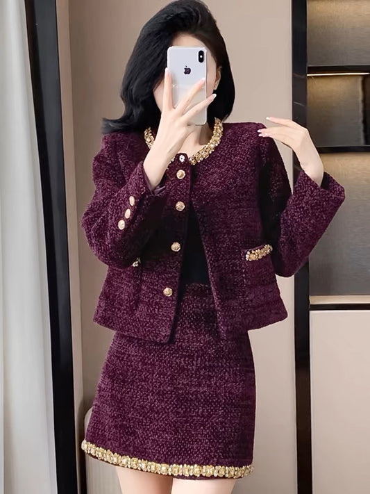 Purple small fragrance suit for early autumn 2024 new light luxury and high-end sense of celebrity wear two-piece set with rich family feel