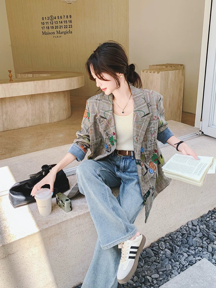 Gray plaid suit jacket for women Spring and Autumn 2025 new design sense street-rock loose casual graffiti print suit