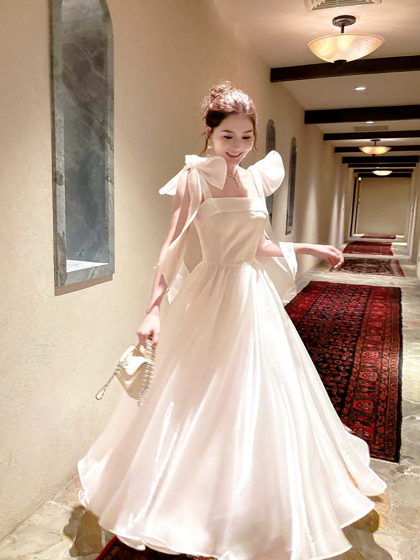 Good Job: 【Jasmine Under the Twilight】French Satin White Spaghetti Strap Full Skirt Dress for Women's Daywear