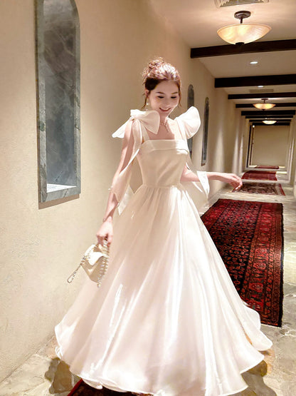 Good Job: 【Jasmine Under the Twilight】French Satin White Spaghetti Strap Full Skirt Dress for Women's Daywear