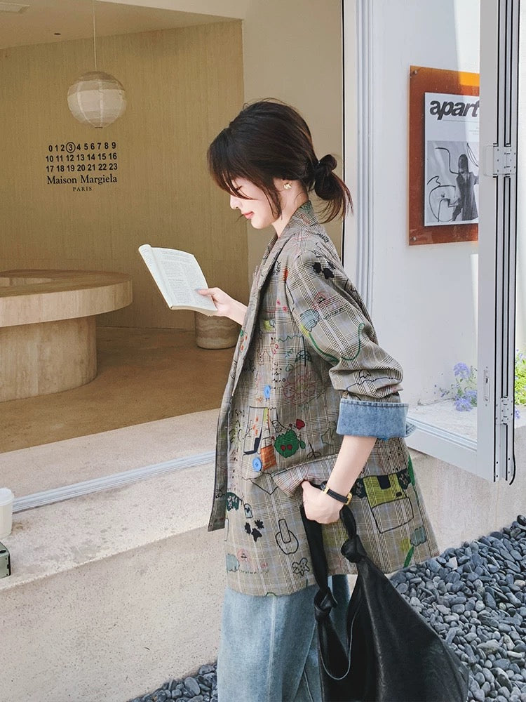 Gray plaid suit jacket for women Spring and Autumn 2025 new design sense street-rock loose casual graffiti print suit