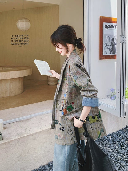 Gray plaid suit jacket for women Spring and Autumn 2025 new design sense street-rock loose casual graffiti print suit