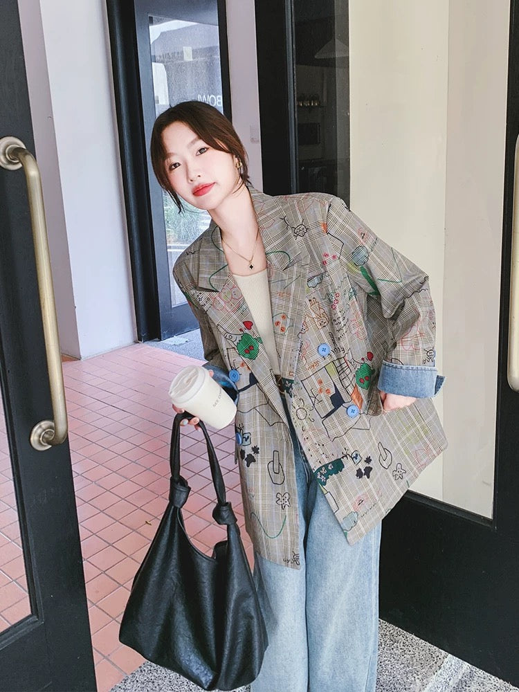 Gray plaid suit jacket for women Spring and Autumn 2025 new design sense street-rock loose casual graffiti print suit