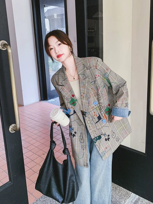 Gray plaid suit jacket for women Spring and Autumn 2025 new design sense street-rock loose casual graffiti print suit